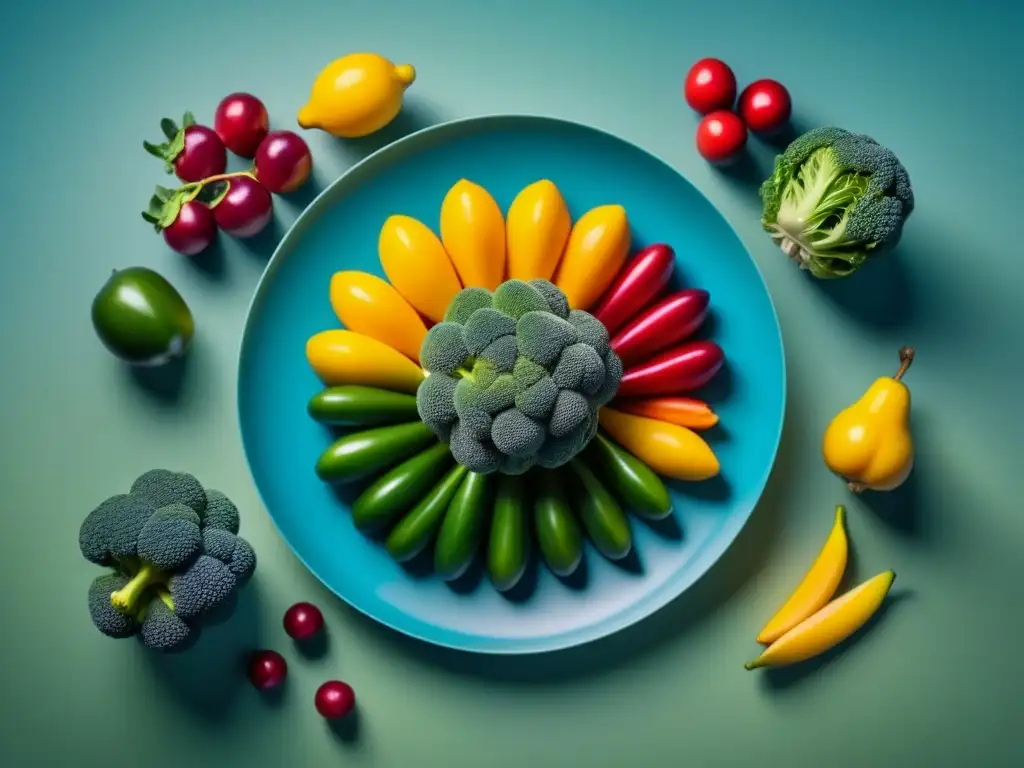Armonía de colores y frescura: plato de frutas y verduras Armoniosa presentación de frutas y verduras estacionales, resaltando colores y texturas
