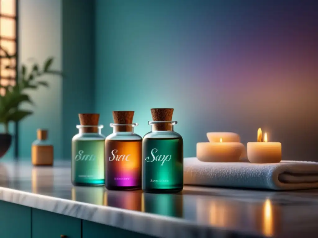 Armoniosa imagen de spa con esenciales en tonos pastel sobre mármol
