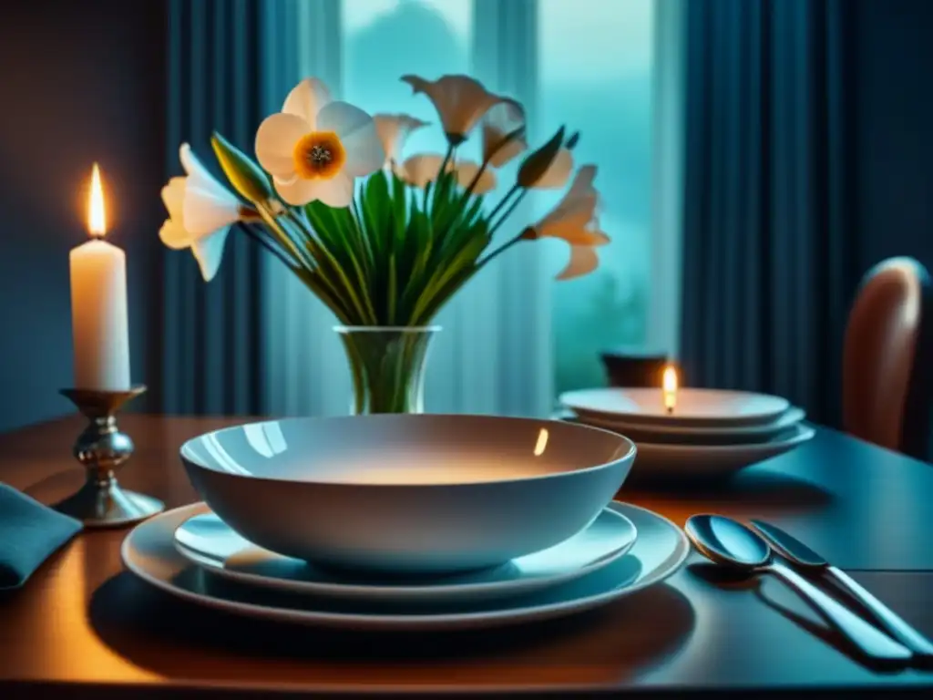 Mesa de comedor elegante y serena en casa Armoniosa mesa de comedor en casa con vajilla blanca, cubiertos de plata, flores frescas y vela, creando un ambiente de tranquilidad y sofisticación