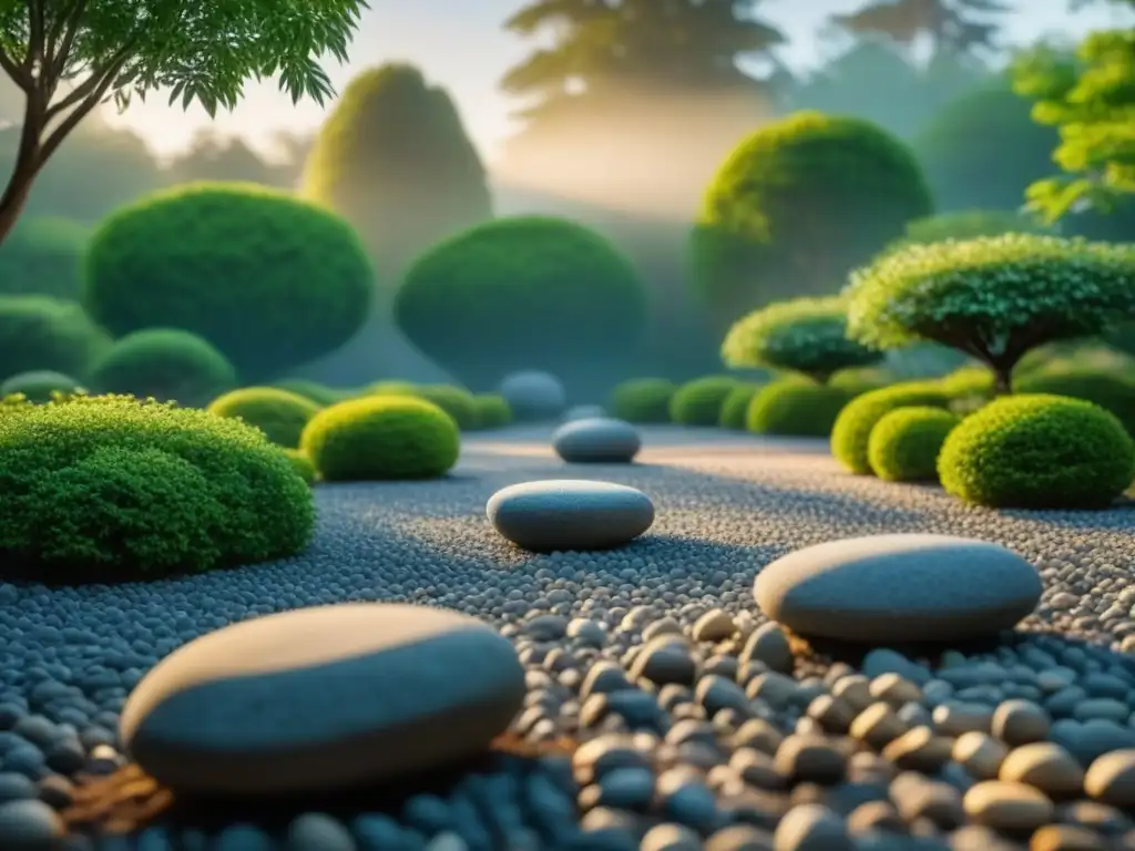Jardín zen japonés: armonía natural y serenidad Armonioso jardín de rocas japonés rodeado de vegetación exuberante, bañado por la luz de la tarde