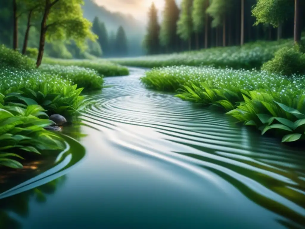 Arroyo cristalino: pureza y serenidad en la naturaleza Un arroyo cristalino fluye en un bosque verde, con luz solar filtrándose entre las hojas