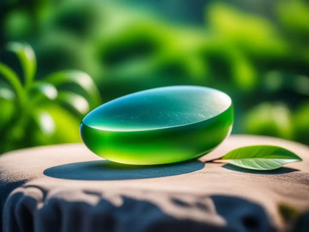 Relajante herramienta de jade en jardín zen Arte en jade: herramienta gua sha sobre piedras verdes, en jardín zen relajante