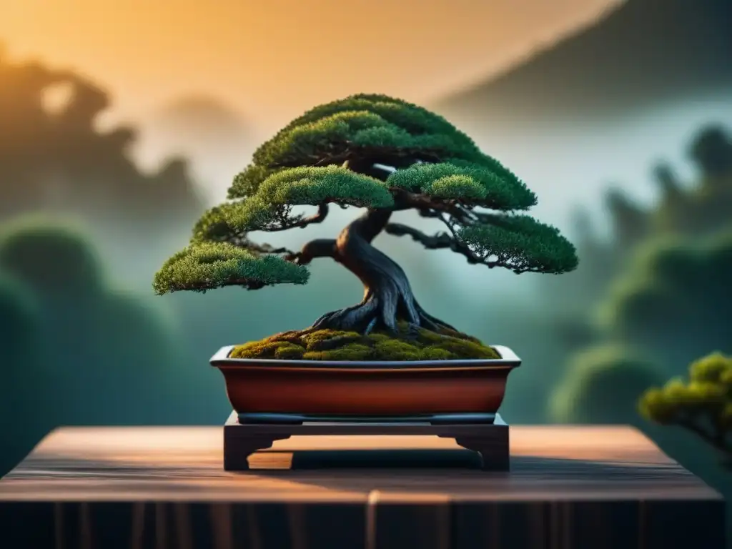 Bonsái zen: arte y serenidad en un instante Arte y serenidad: un bonsái cuidado con precisión en un entorno zen