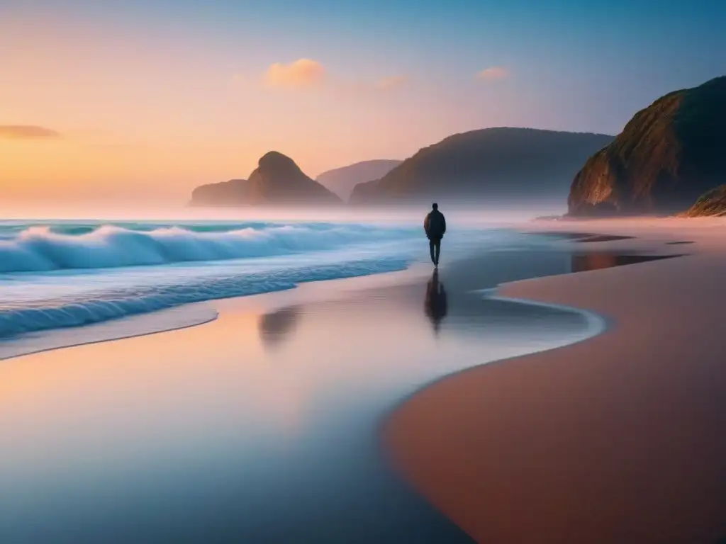 Paisaje sereno de playa al atardecer Un atardecer sereno en la playa con tonos pastel, olas suaves y una figura caminando pacíficamente