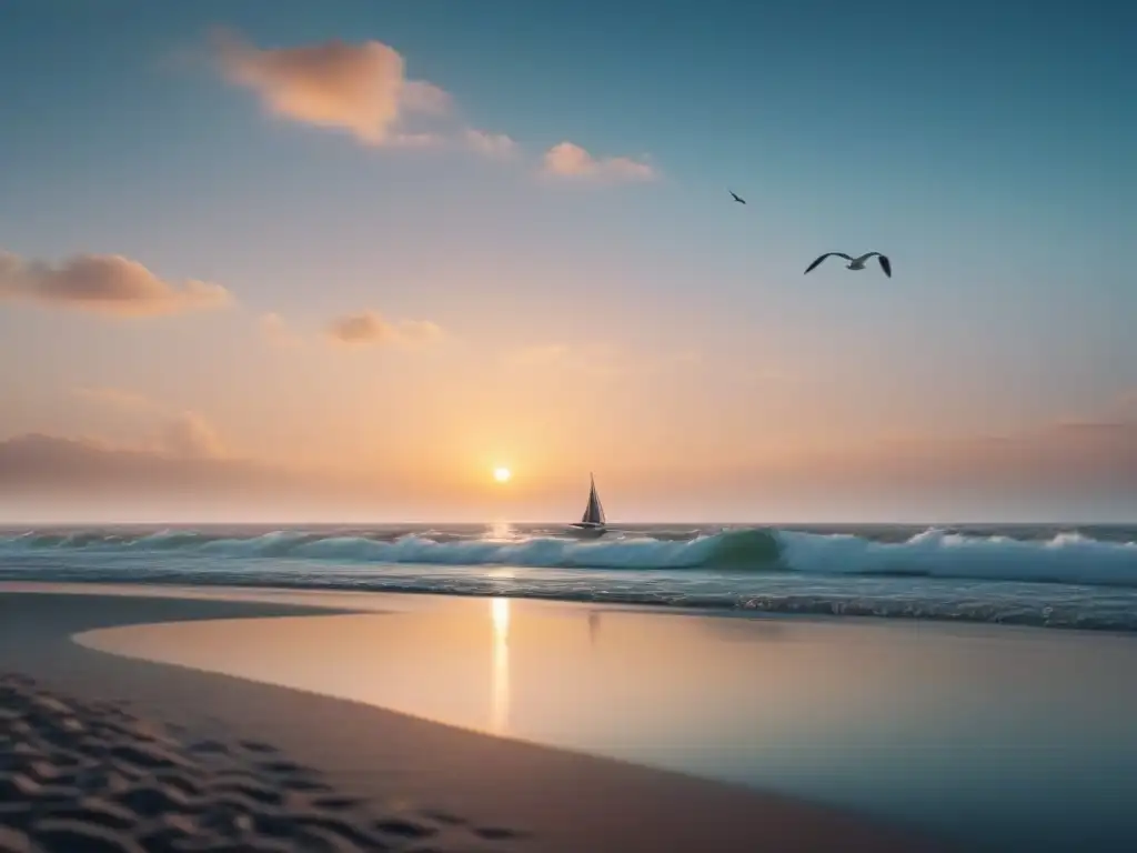 Playa serena al atardecer: meditación y paz Un atardecer tranquilo en la playa con tonos pastel, visualización para dormir profundamente