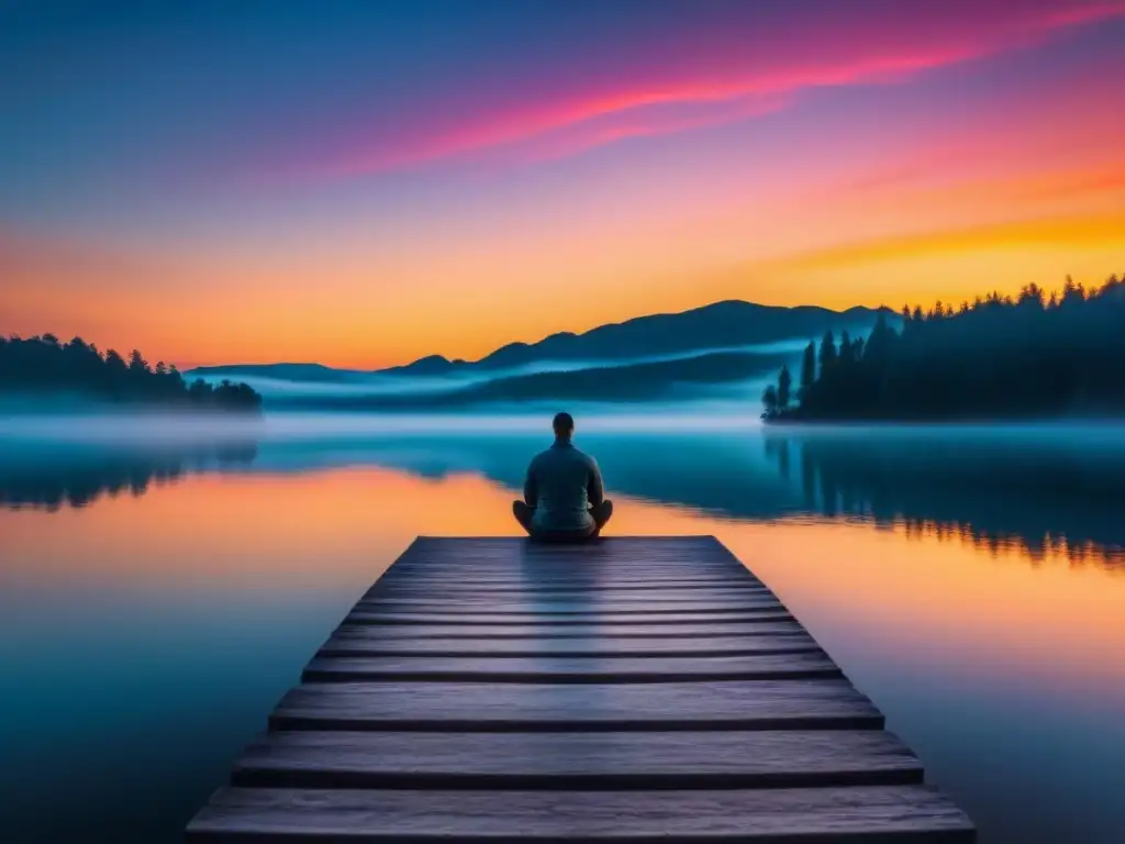 Un atardecer vibrante reflejado en un lago, donde una figura medita en paz