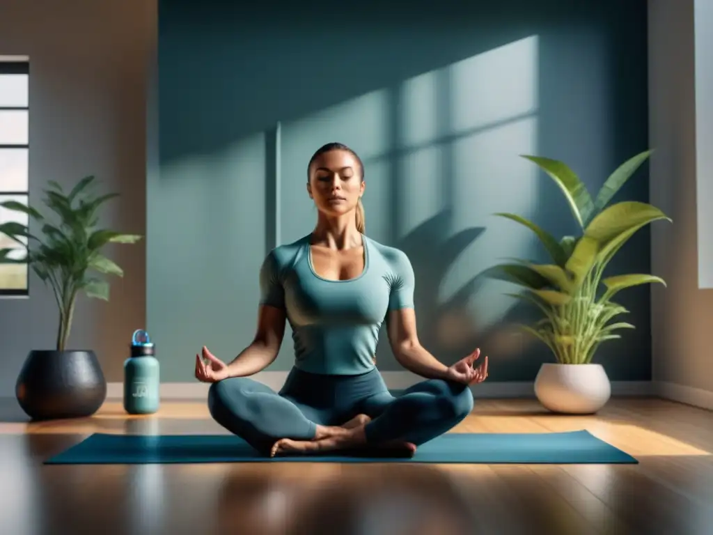 Deportista relajado: práctica de mindfulness en casa Atleta en casa practicando relajación progresiva con serenidad en ambiente minimalista