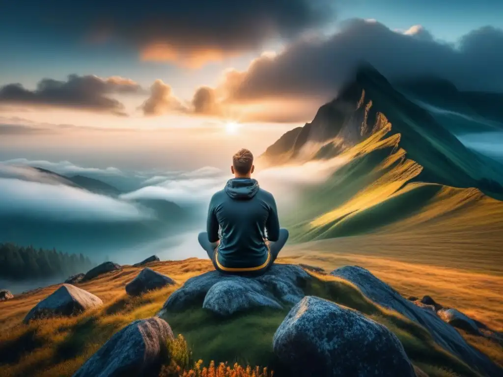 Atleta en meditación: preparación mental al amanecer Un atleta centrado en la cima de una montaña al amanecer, rodeado de niebla y rayos de sol, simbolizando mindfulness para rendimiento deportivo