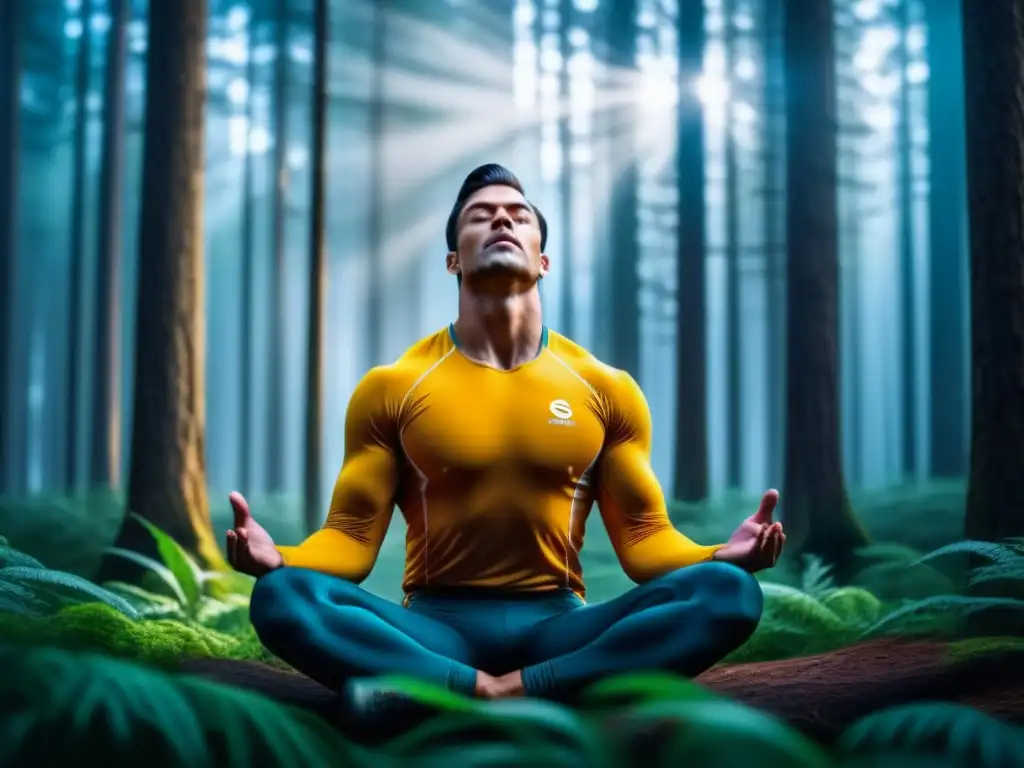 Atleta meditando en el bosque: energía y serenidad Un atleta concentrado practica respiración consciente en un bosque sereno