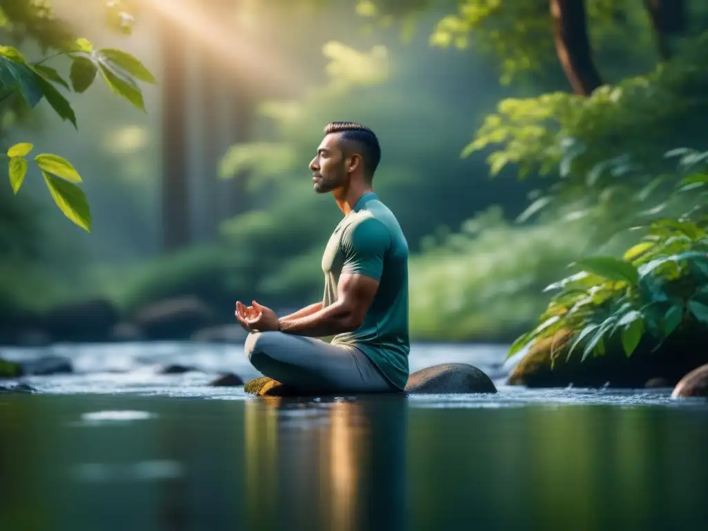 Atleta en meditación: concentración y calma en la naturaleza Atleta concentrado meditando en entorno natural, reflejando el mindfulness para rendimiento deportivo