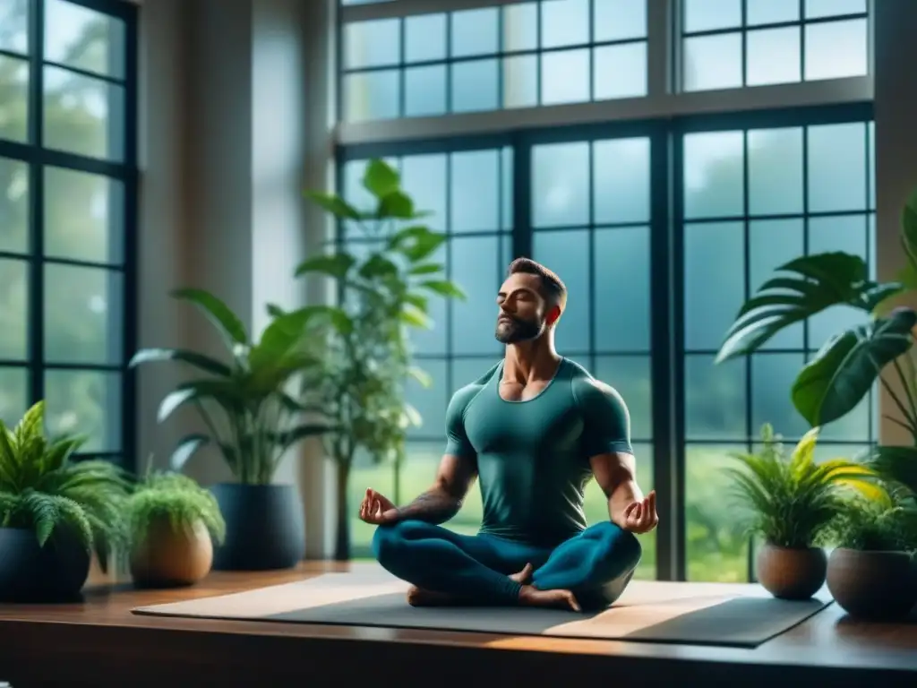 Atleta en meditación: equilibrio y empoderamiento Atleta concentrado practicando técnicas mindfulness para atletas en casa, rodeado de plantas y luz natural