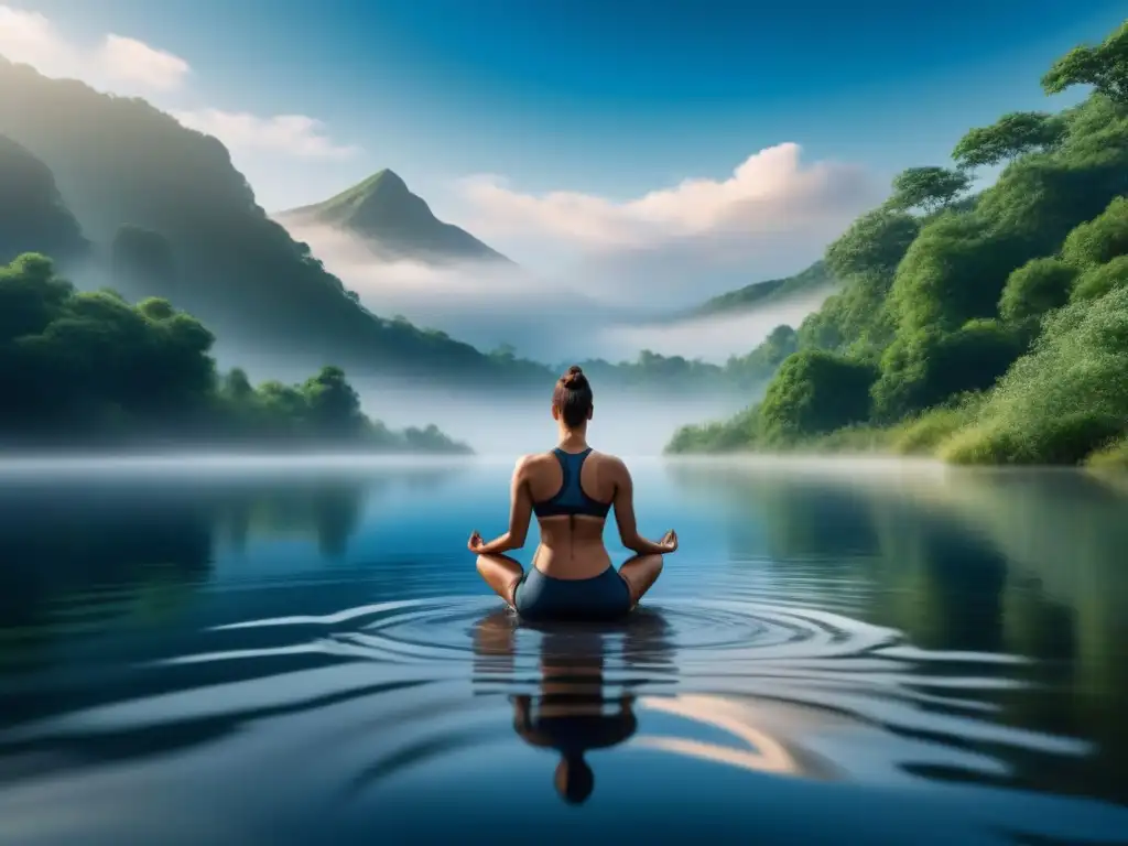 Imagen: Atleta en meditación, calma y fortaleza mental Un atleta enfocado medita en un entorno natural sereno, rodeado de agua y vegetación, bajo un cielo azul claro