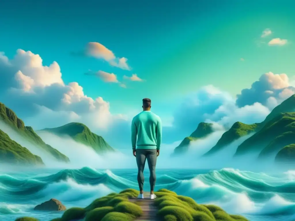 Atleta en la zona: ilustración minimalista de mindfulness Un atleta enfocado en la zona, rodeado de elementos de mindfulness como olas calmadas y nubes pacíficas en tonos pastel