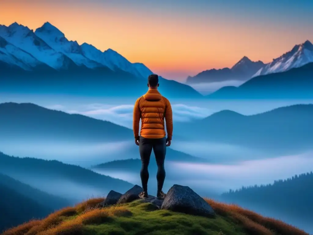 Atleta en postura de montaña al atardecer: paz y serenidad Atleta en postura de montaña al atardecer, practicando ejercicios de respiración en un entorno tranquilo y sereno
