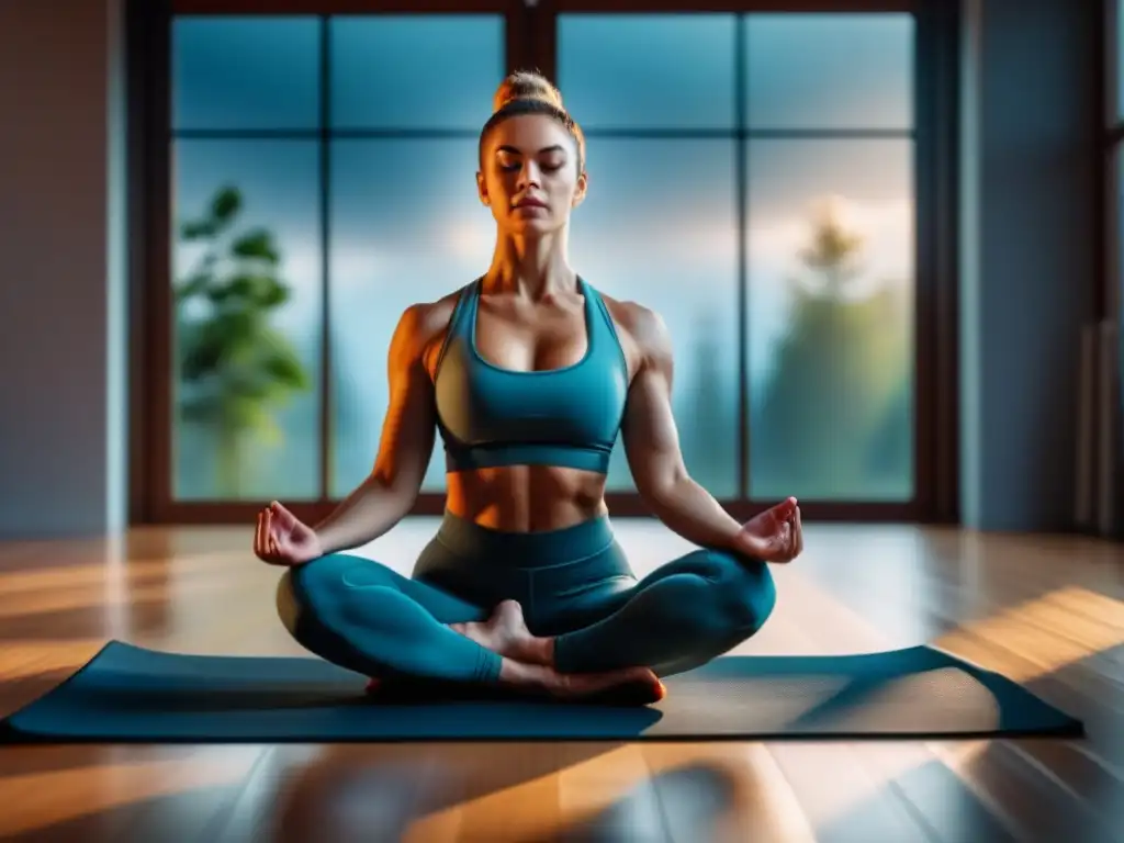 Atleta en meditación: Concentración plena durante el entrenamiento Un atleta en profunda concentración practica mindfulness para rendimiento deportivo en una tranquila sesión de entrenamiento