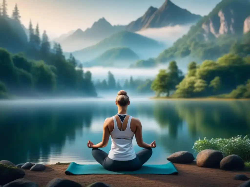 Atleta meditando entre la naturaleza serena Atleta en meditación rodeado de naturaleza, transmitiendo paz interior y mindfulness para rendimiento deportivo