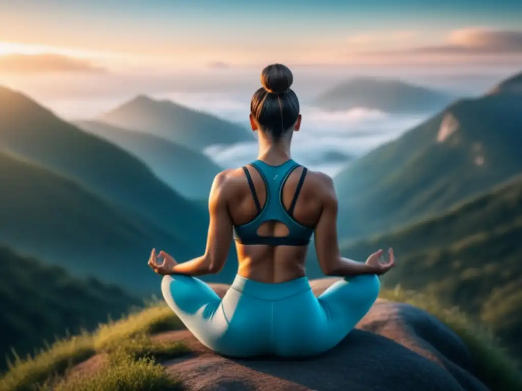 Atletas profesionales practicando yoga al amanecer en la cima de una montaña, mostrando fuerza y equilibrio
