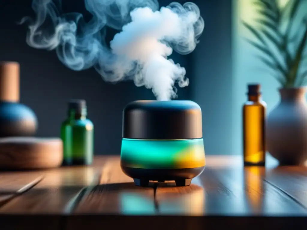 Armonía aromática: difusor moderno y aceites esenciales Atmósfera serena con difusor moderno y aceites esenciales en tonos suaves