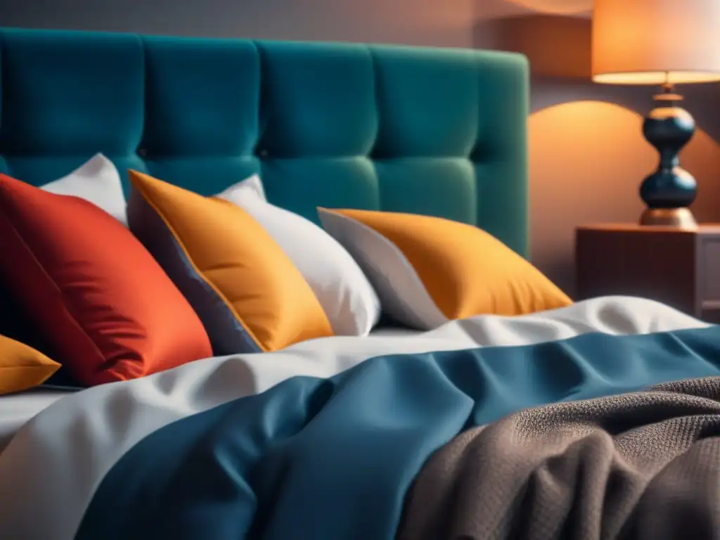 Escena relajante de dormitorio con cama acogedora Una atmósfera de serenidad y descanso con una cama acogedora y suave iluminación, ideal para suplementos para el sueño efectivos