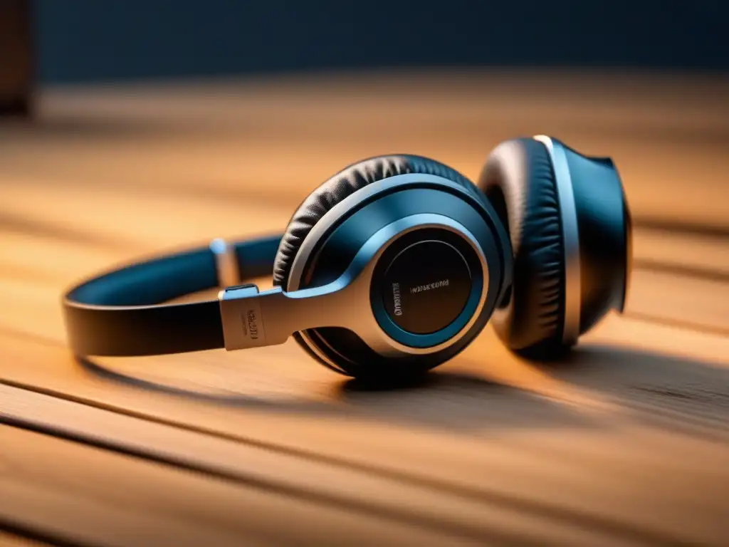 Auriculares inalámbricos negros: elegancia minimalista Auriculares inalámbricos negros sobre madera con luz cálida, creando un ambiente tranquilo y minimalista para tu playlist música relajante online