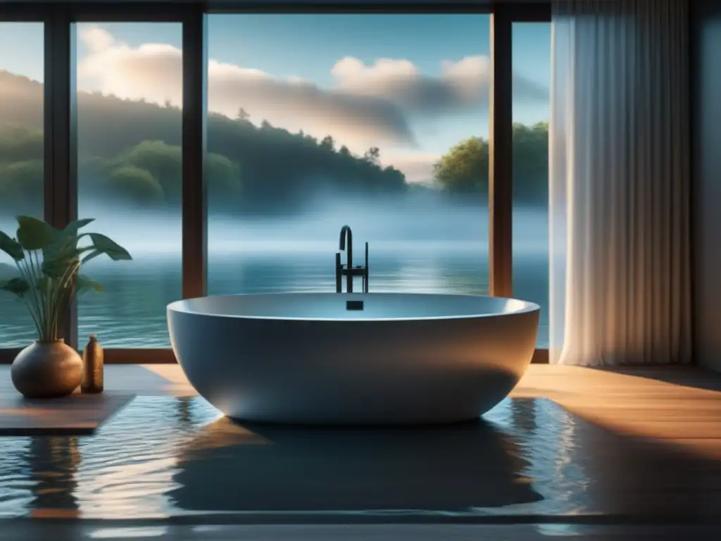 Baño minimalista: inmersión en agua fría para calma y fuerza Un baño de agua fría en un moderno y sereno baño, evocando los beneficios de la inmersión en agua fría