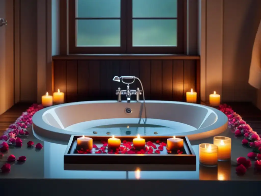 Sitz bath de lujo: baño relajante con velas y pétalos de rosa Baño de asiento relajante en casa: Bañera moderna con pétalos de rosa, velas, toallas esponjosas y aceites esenciales