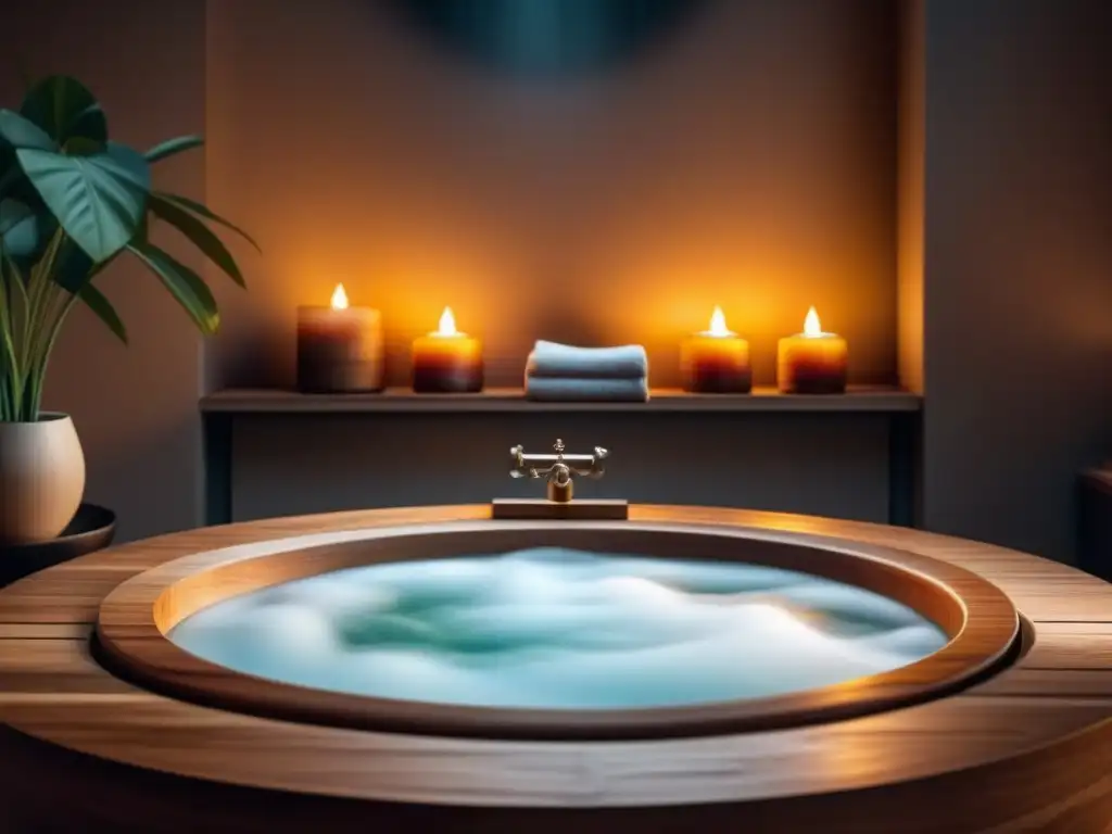 Spa en Casa: Baño de Madera Relajante con Velas Un baño de asiento relajante en casa: ilustración detallada de un sereno baño con una bañera de madera rodeada de velas
