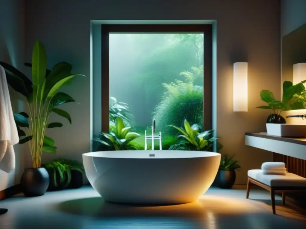 Exquisito spa en casa con bañera y cascada relajante Un baño spa de lujo con bañera independiente, grifo cascada, plantas verdes, iluminación suave y albornoz blanco