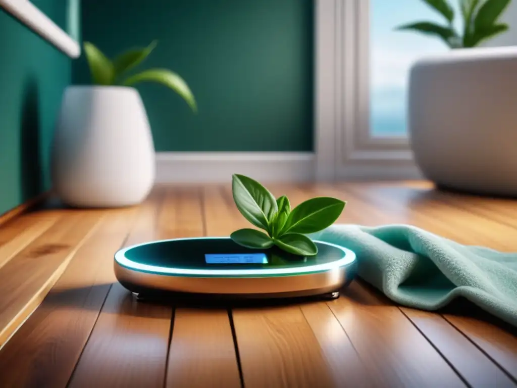 Escala inteligente en baño moderno y luminoso Un baño luminoso y moderno con una balanza inteligente en el suelo de madera, toallas blancas y planta verde