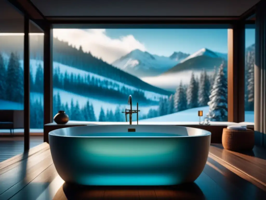 Baño de agua helada en entorno sereno y minimalista Baño moderno lleno de agua fría cristalina, con vista a paisaje nevado