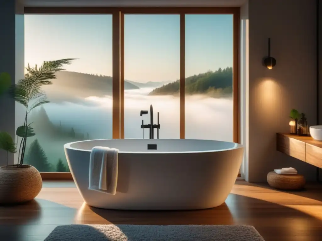 Baño moderno: serenidad y minimalismo Un baño moderno y sereno con una bañera blanca llena de agua tibia y una toalla esponjosa blanca en un taburete de madera