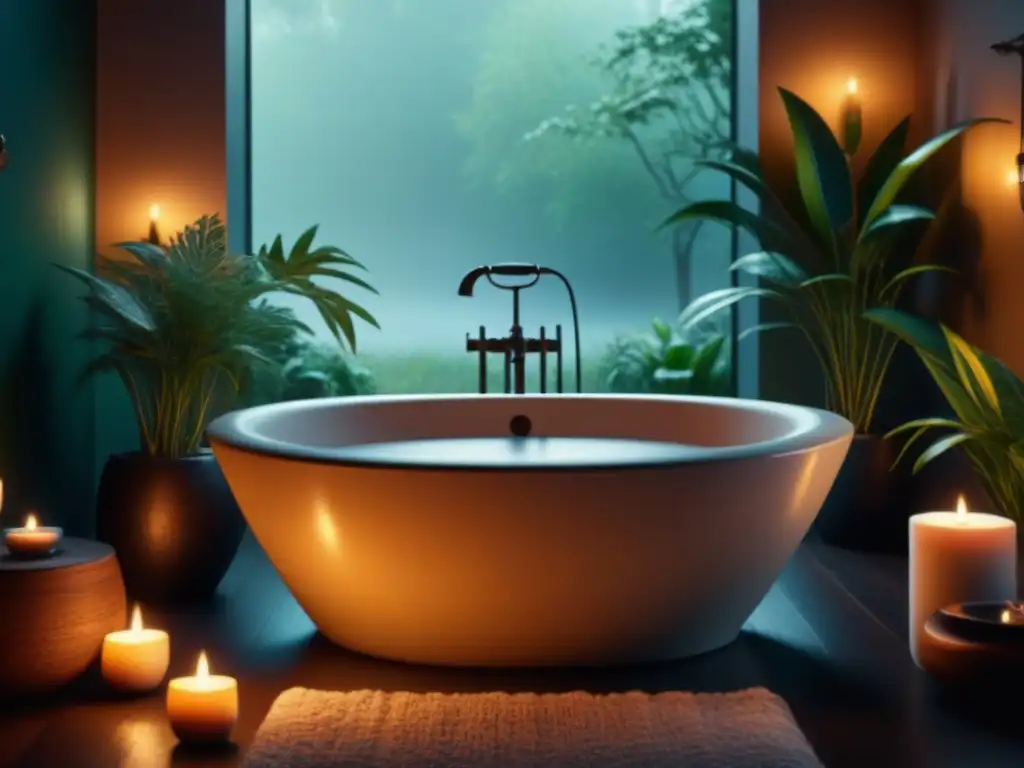 Un baño relajante en casa: una bañera moderna llena de agua cálida, velas y plantas verdes, creando una atmósfera tranquila y serena