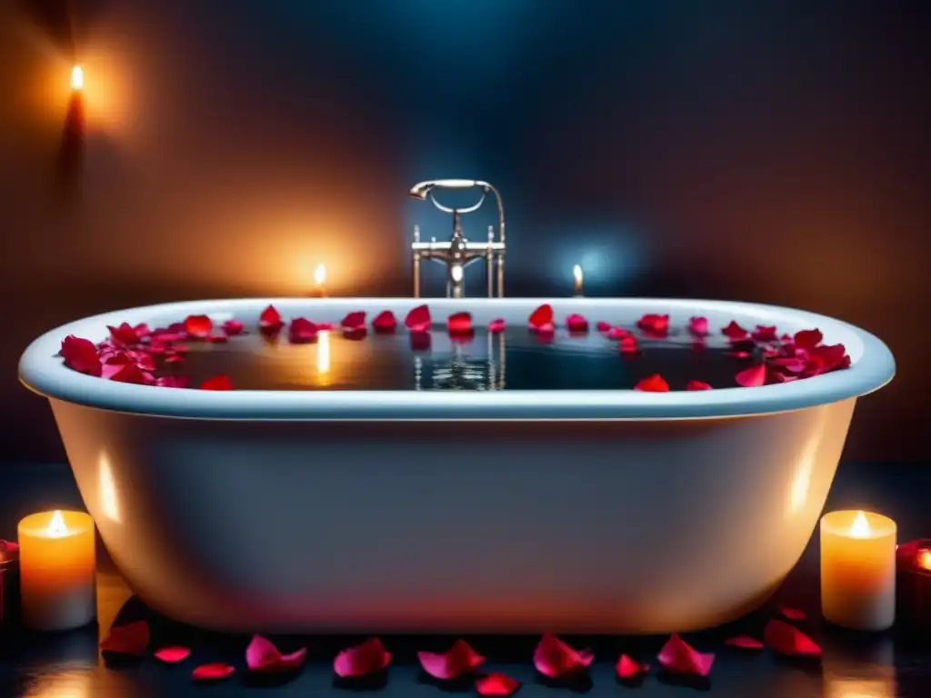 Baño relajante con pétalos de rosa y velas Un baño relajante en casa: una bañera moderna llena de agua caliente, pétalos de rosa y velas, creando un ambiente tranquilo y acogedor