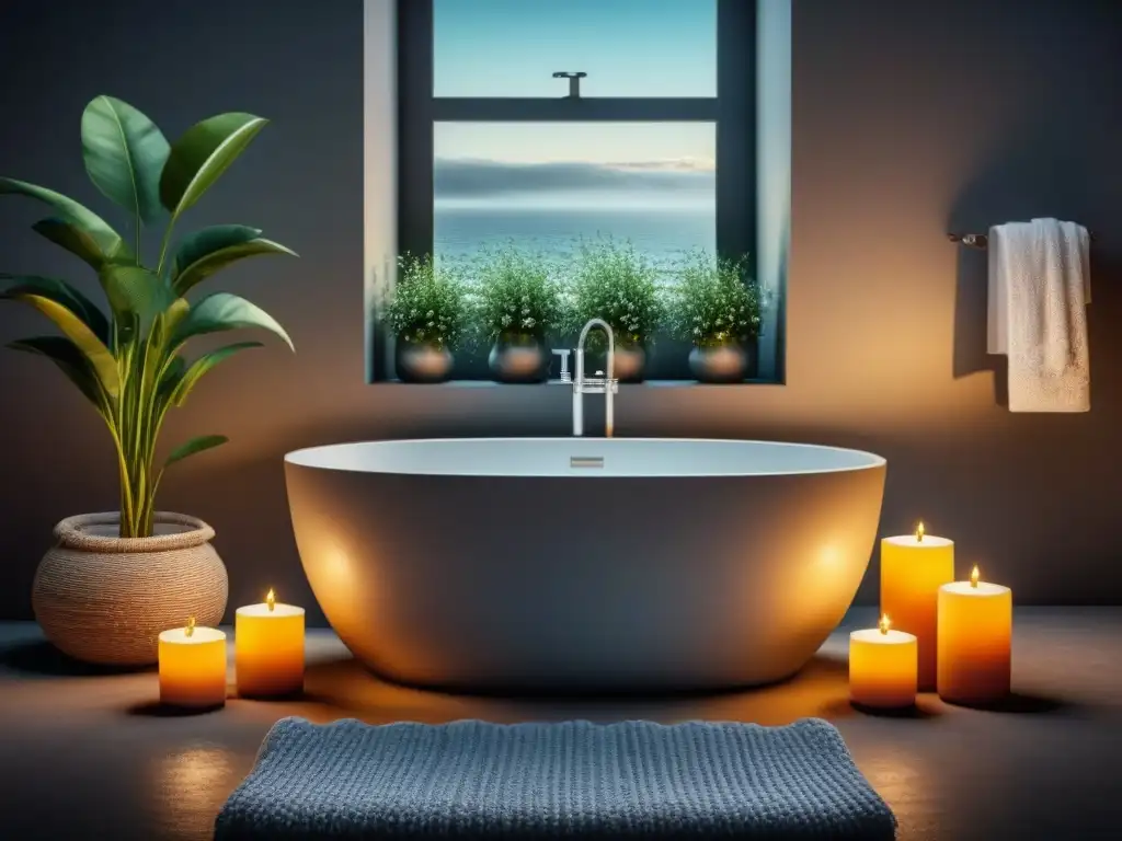 Relajante baño de lujo con bañera y velas Un baño relajante en casa con bañera llena de burbujas, velas, toalla y planta