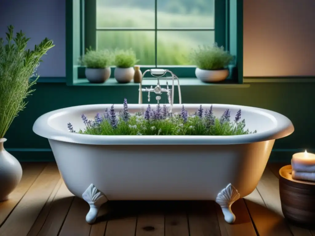 Baño relajante con hierbas frescas para un spa en casa Un baño relajante en casa con hierbas frescas para una experiencia renovadora