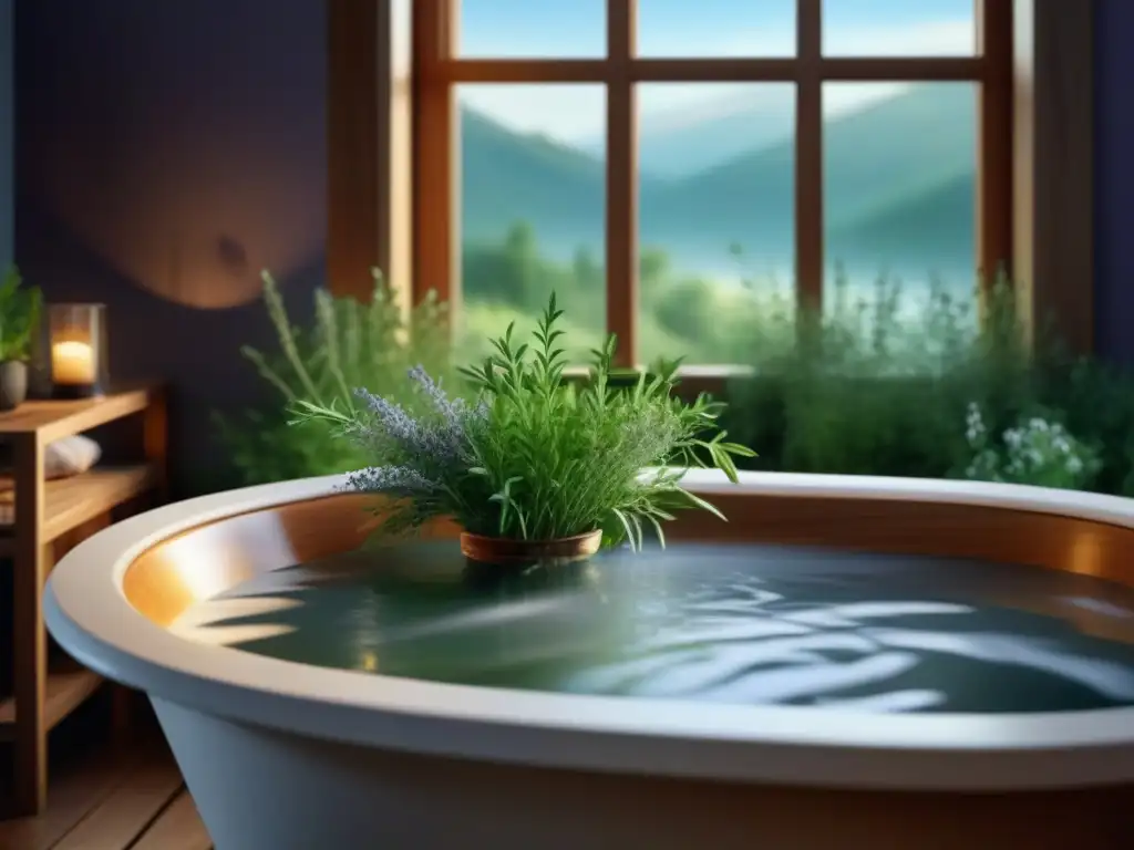 Baño relajante con hierbas frescas y luz natural Un baño relajante con hierbas: agua caliente, luz suave y aromas naturales crean una atmósfera de serenidad y calma