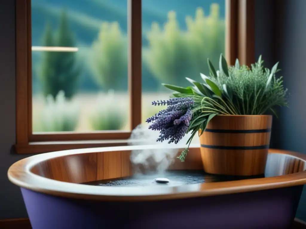 Baño de madera con lavanda y eucalipto Un baño relajante con hierbas: bañera de madera con agua caliente, lavanda y eucalipto, iluminada por luz natural