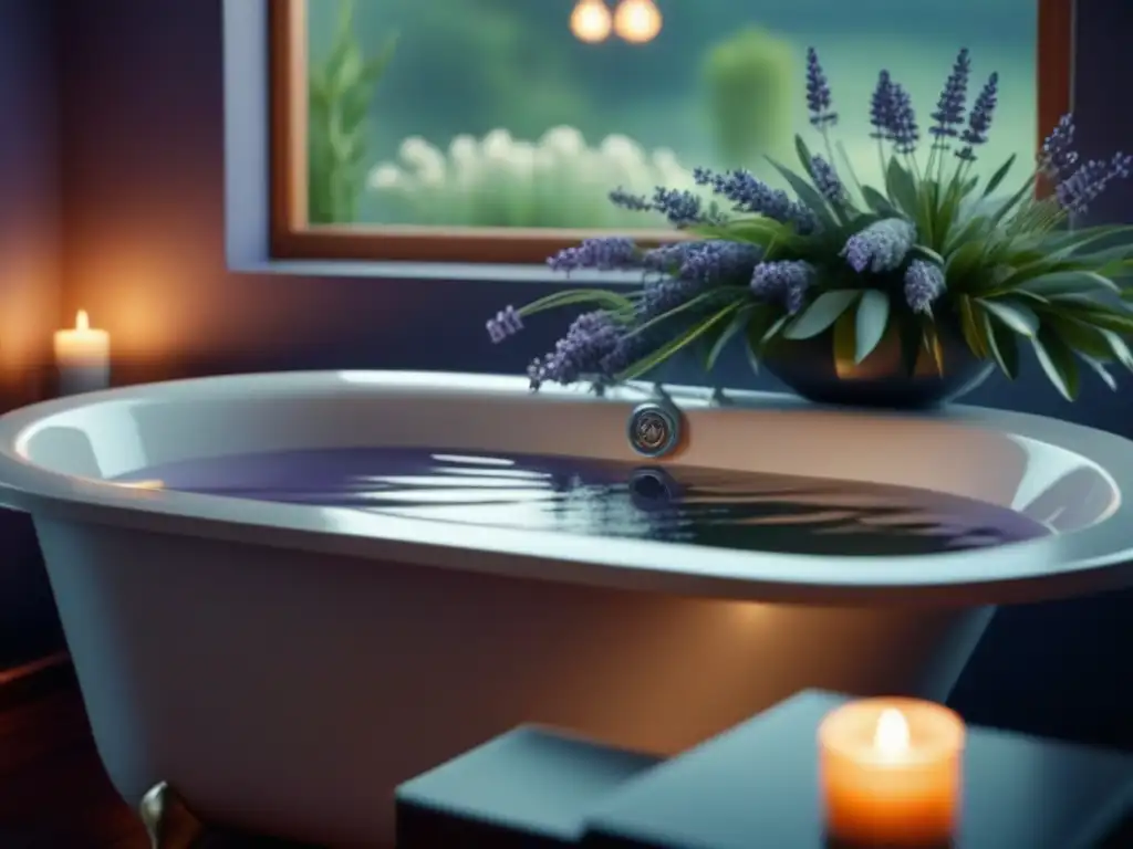 Baño relajante con lavanda y eucalipto Un baño relajante con hierbas: bañera moderna con agua tibia, lavanda y eucalipto, luz de velas en un ambiente sereno y calmado