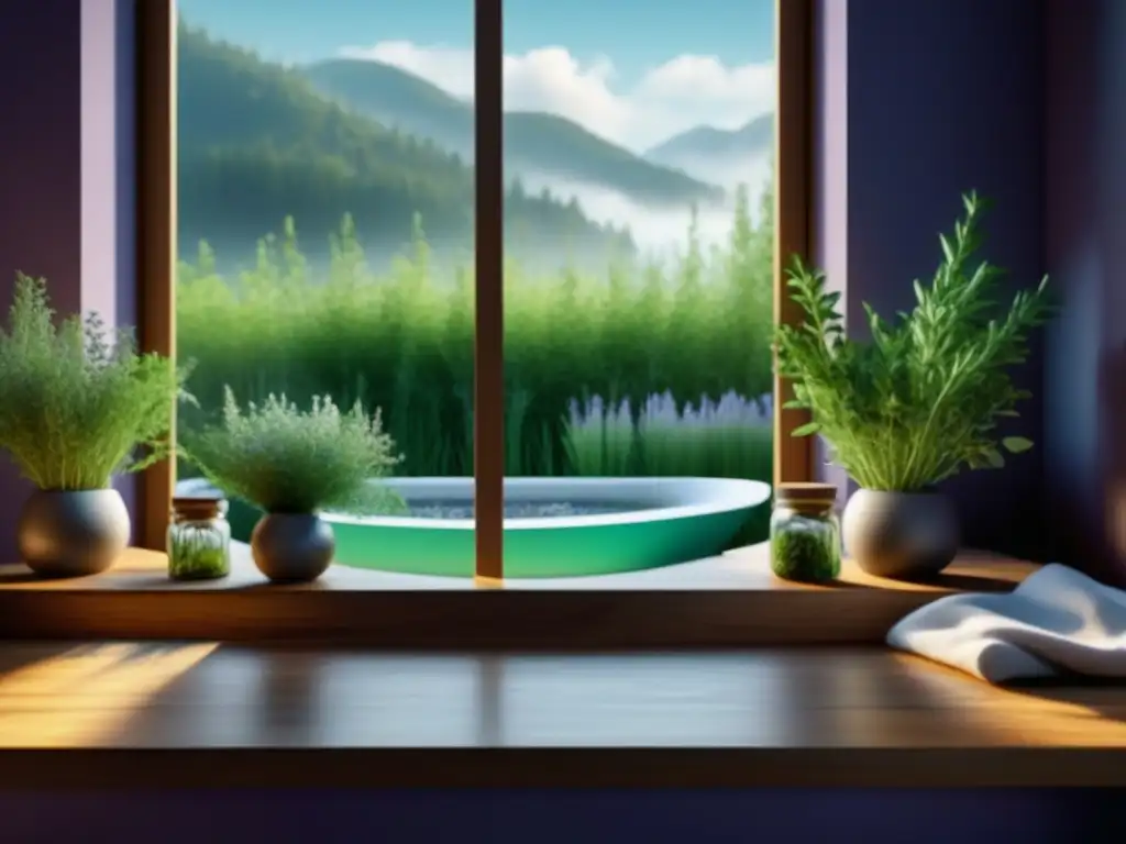 Baño moderno con hierbas frescas en frascos de vidrio Un baño relajante con hierbas frescas en frascos de vidrio en estantes de madera, iluminado por luz natural