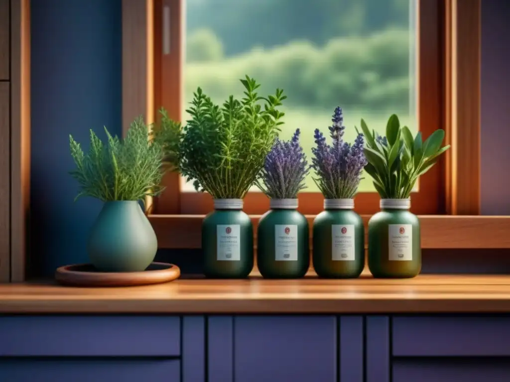 Baño sereno con hierbas frescas para spa en casa Un baño relajante con hierbas: lavanda, romero y eucalipto en estantes de madera, iluminado por la suave luz natural