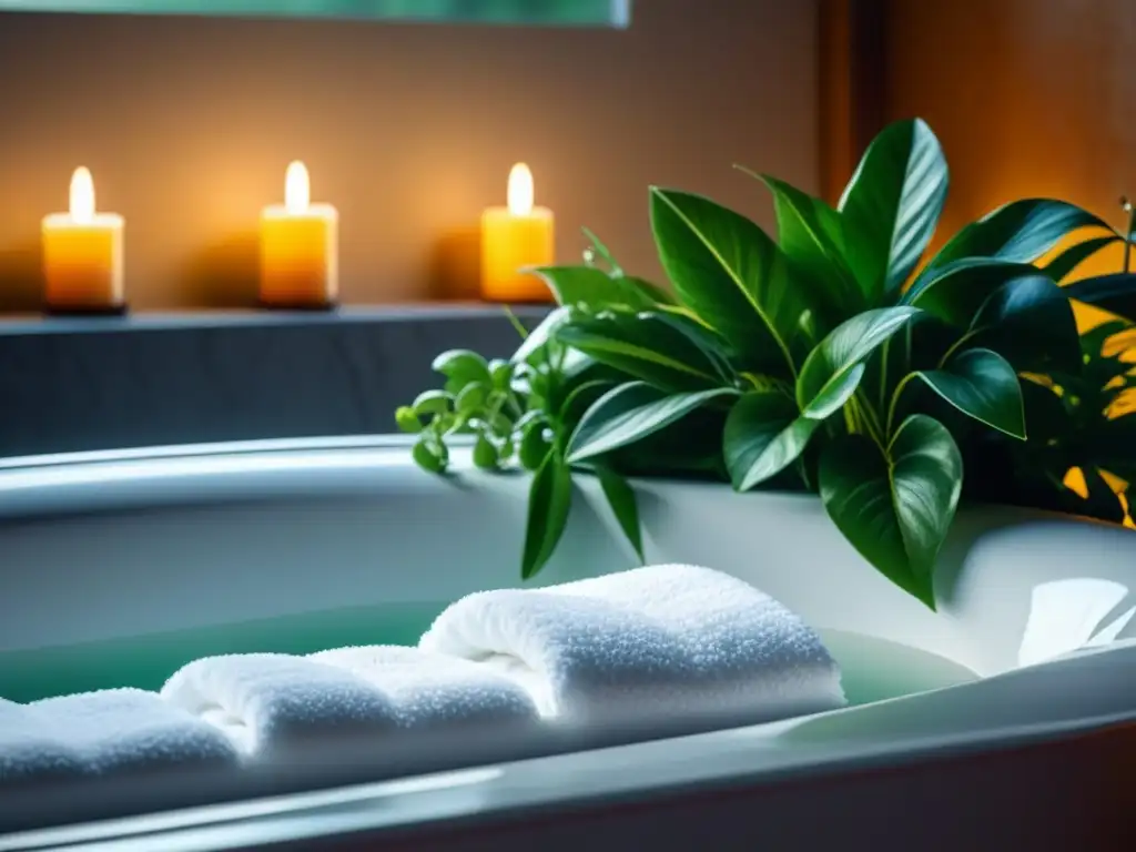 Baño de lujo: serenidad y relajación en casa Un baño relajante personalizado: bañera moderna llena de burbujas, velas, plantas y una toalla blanca