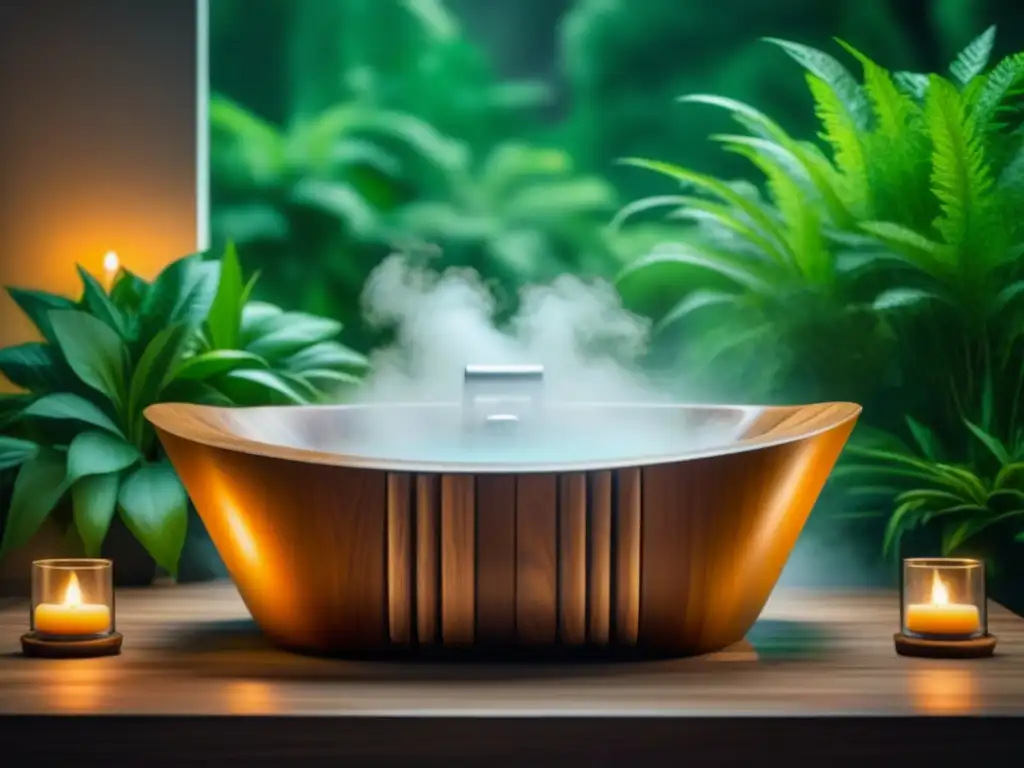 Un baño relajante con recetas de baños herbales, en una bañera de madera con agua y velas, rodeado de plantas verdes