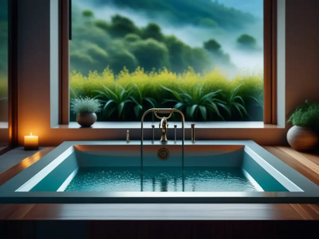 Baño spa moderno: bañera llena de agua tibia y relajante Un baño relajante con sales y plantas medicinales en un ambiente sereno y lujoso