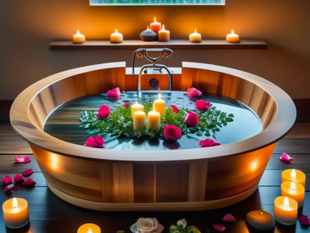 Un baño herbal relajante: tina de madera con agua y velas, pétalos de rosa, atmósfera cálida