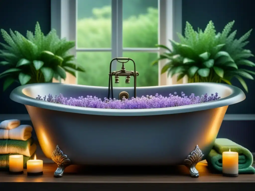 Baño relajante con velas y lavanda para dormir mejor Un baño relajante con velas, burbujas de lavanda, plantas verdes y toallas suaves, ideal para mejorar el sueño