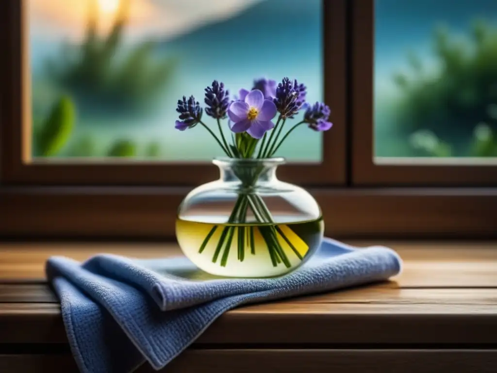 Baño minimalista con flores de Bach y toallas de lavanda Un baño sereno con flores de Bach para relajación en un ambiente minimalista y tranquilo