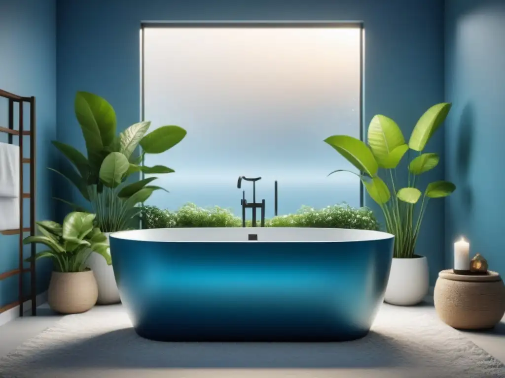 Baño minimalista con bañera de burbujas y plantas verdes Un baño sereno y minimalista con una gran bañera llena de burbujas, iluminación suave y plantas verdes