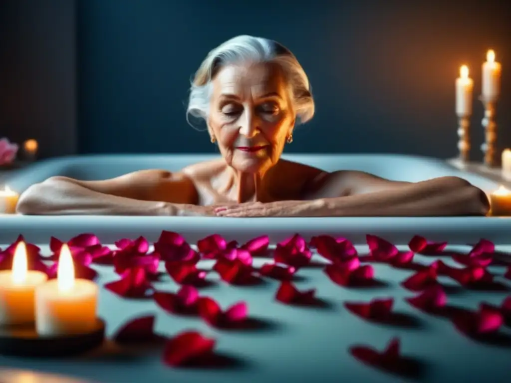 Baño de rosas y serenidad para rejuvenecer Baños relajantes para adultos mayores: Persona mayor disfruta de baño lujoso con pétalos de rosa y velas, en ambiente sereno y tranquilo