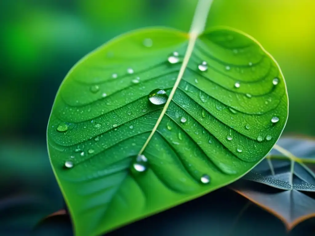 Hojas verdes vibrantes con rocío: detalle ultradetallado Belleza natural: hojas verdes brillantes con rocío, transmitiendo serenidad