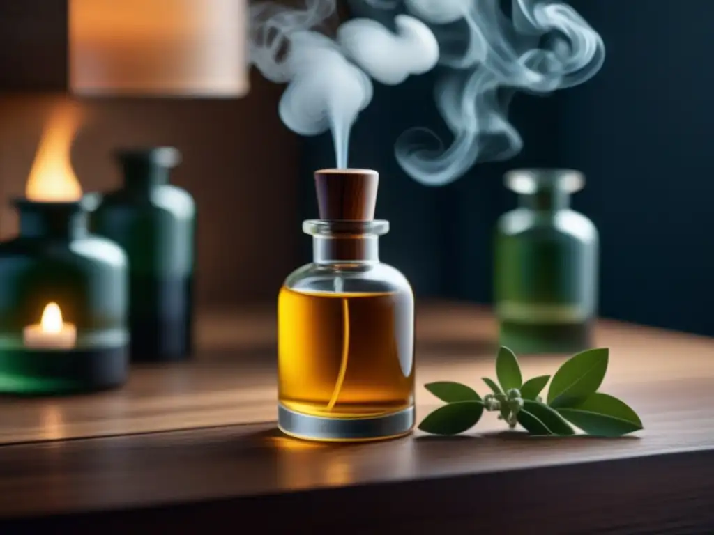 Lujo aromático: difusor de aceites esenciales premium en ambiente sereno Beneficios de la aromaterapia diseñador en ambiente relajante con difusor de vidrio y aceites esenciales de diseño